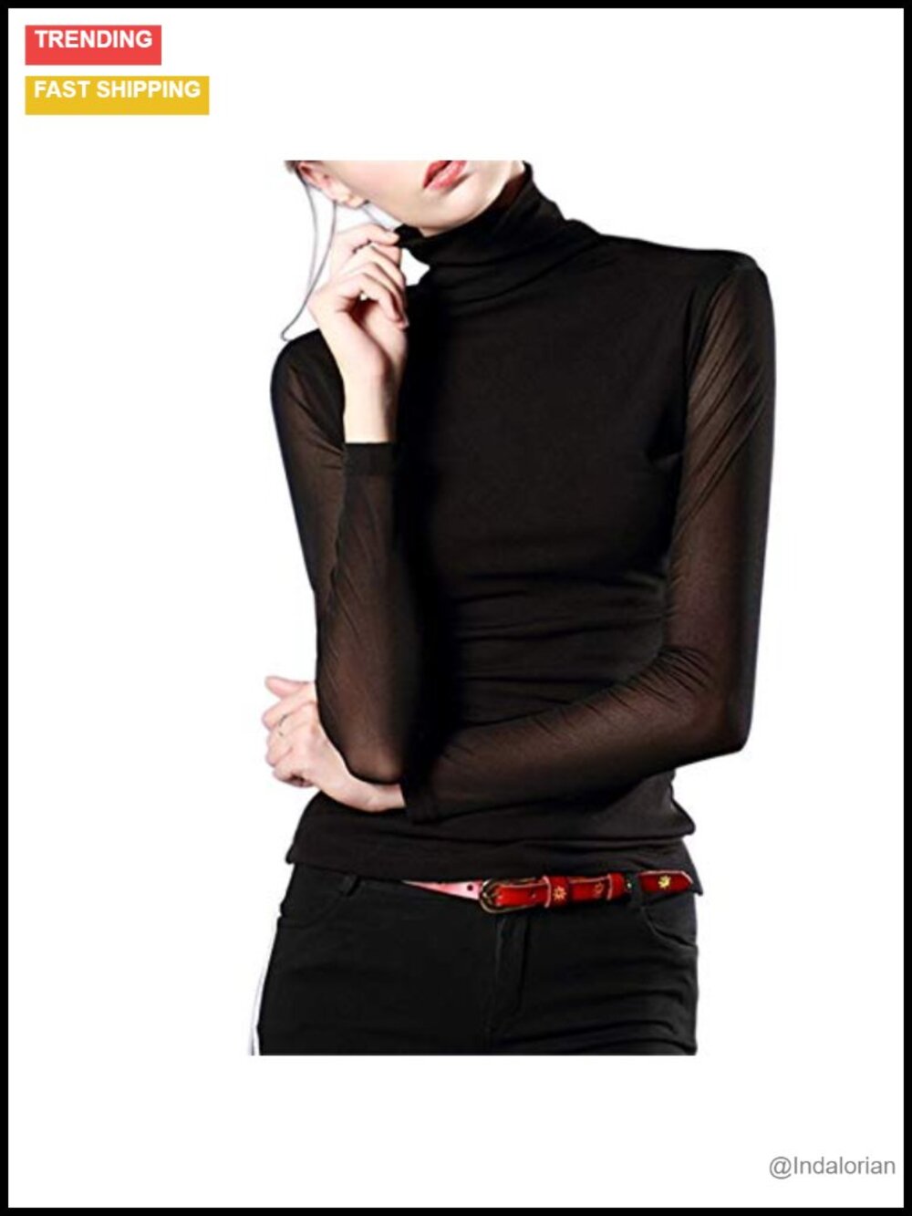 Women's Turtleneck Top Long Sleeve Slim Fit Mesh Sheer See Through Casual Blouse